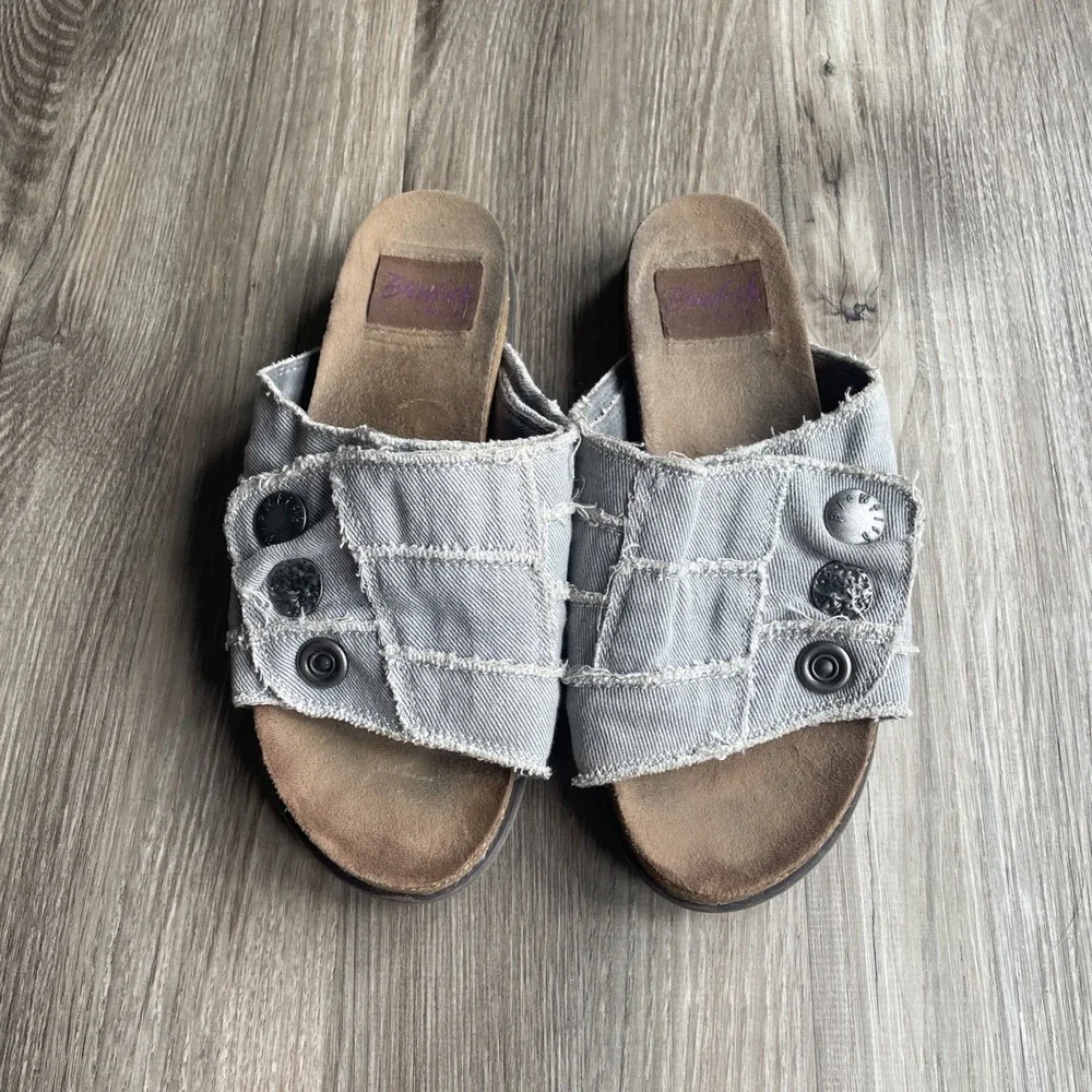 Y2K Blowfish Malibu Light Blue Denim Patchwork Slide Sandals Frayed Size 8.5